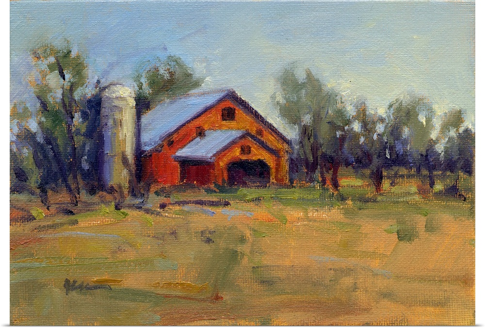 A horizontal contemporary painting of a barn lined with trees in the afternoon light.