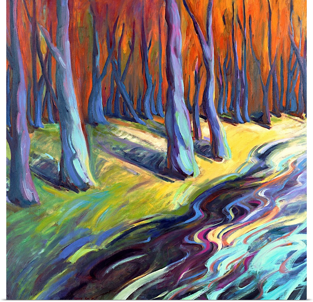 A contemporary abstract painting of a river in a forest painted with colorful brush strokes.