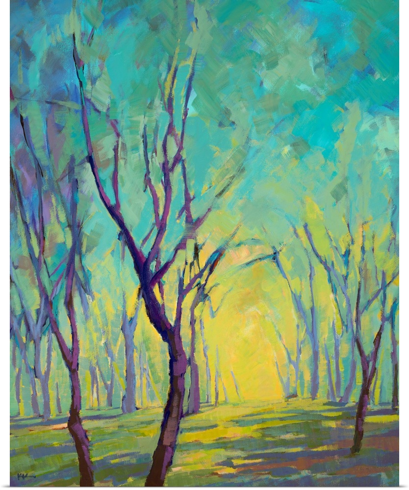 Vertical painting of a forest in colors of blue, green and yellow.