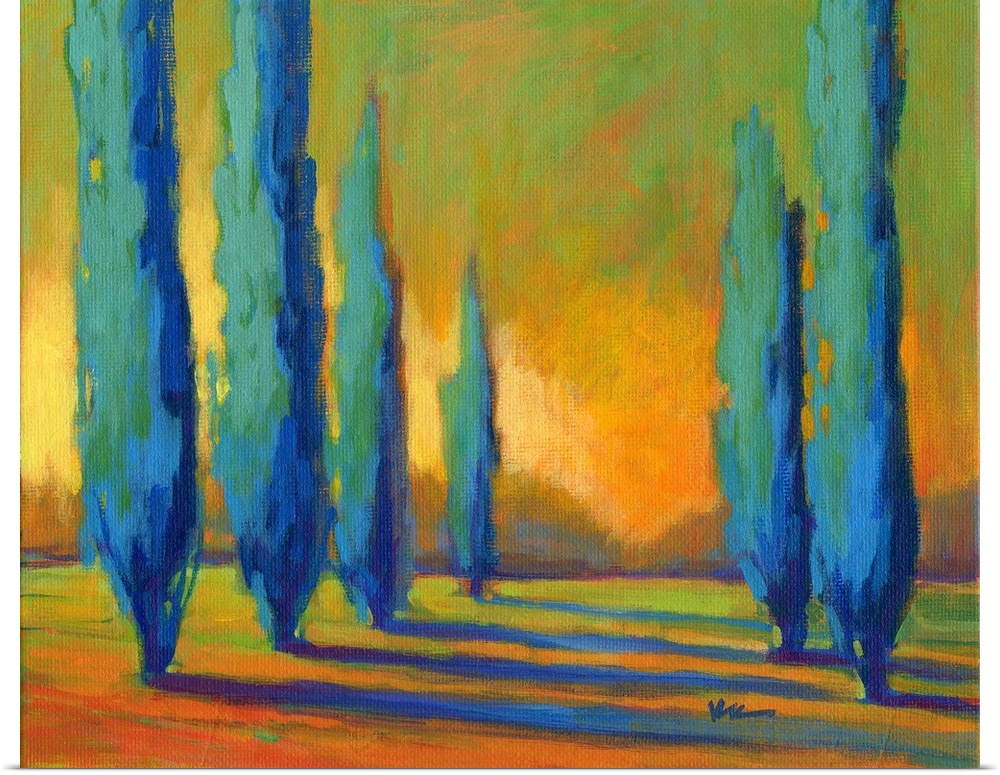 A contemporary painting of a divide between a row of cypress trees in golden colors.