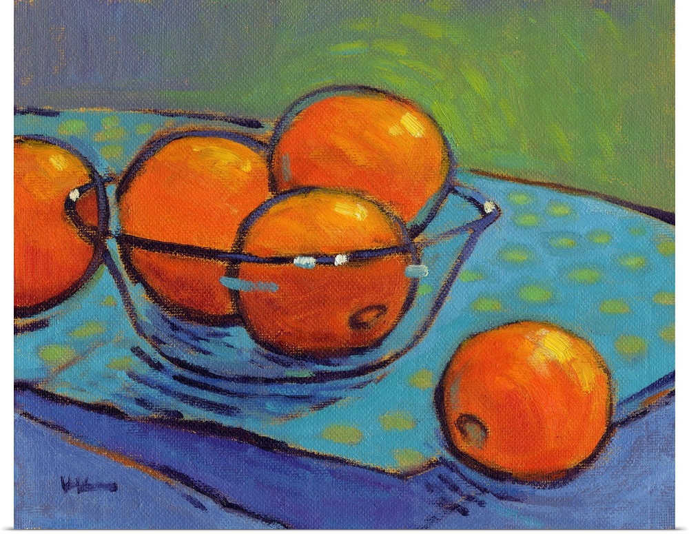 A contemporary abstract painting of a bowl of oranges in vibrant colors.