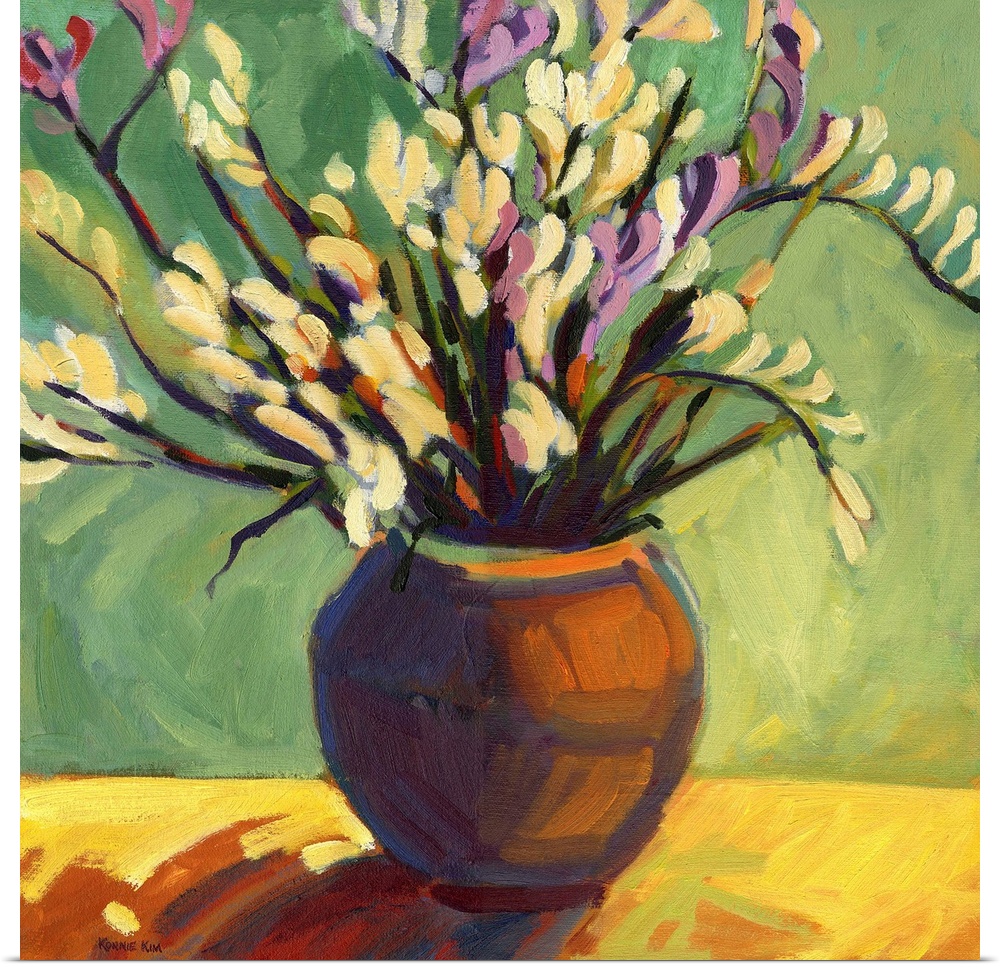 A square painting of a vase of flowers in vibrant brush strokes.