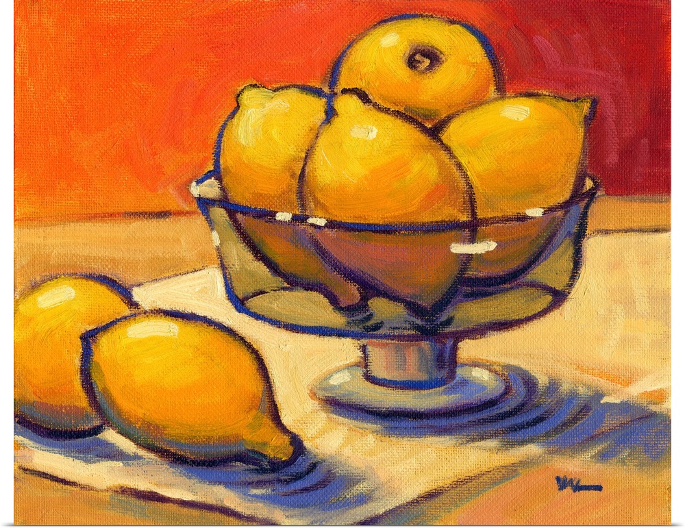 A contemporary abstract painting of a bowl of lemons against a orange background.