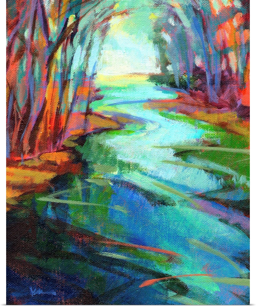 A contemporary abstract painting in colorful brush strokes of a river framed by trees.