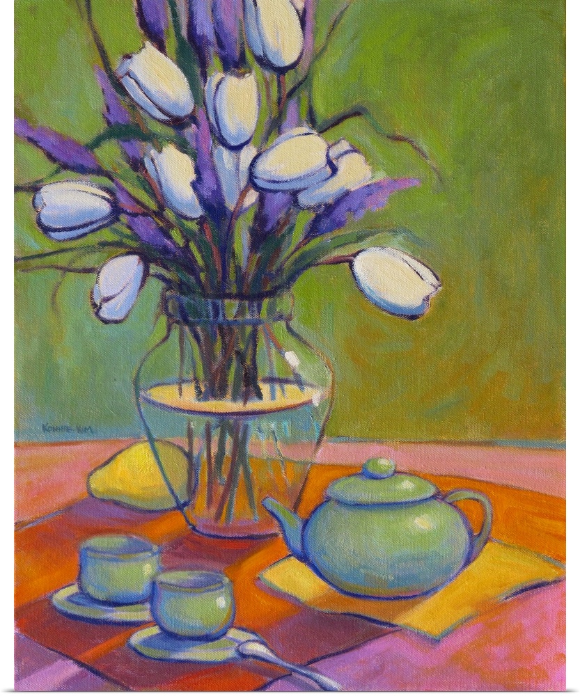 A contemporary painting of a tabletop with a vase of flowers and teacups.