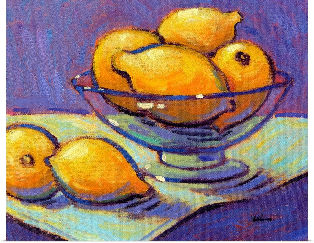 A contemporary abstract painting of a bowl of lemons against a purple background.