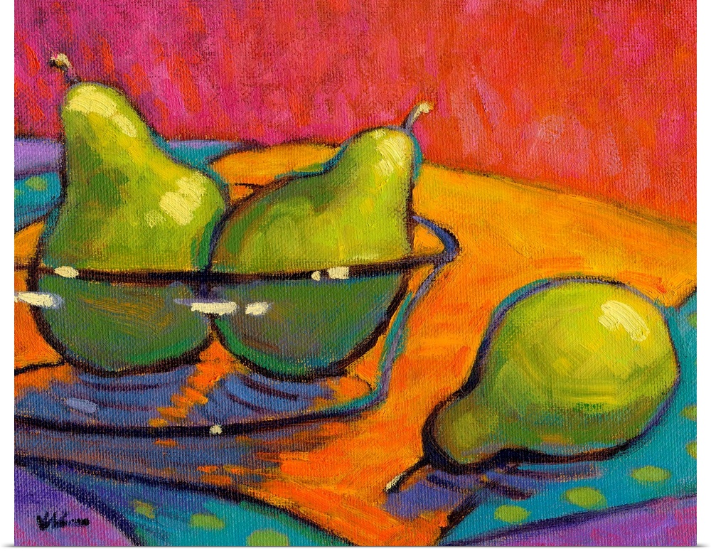 A contemporary abstract painting of a bowl of pears in vibrant colors.
