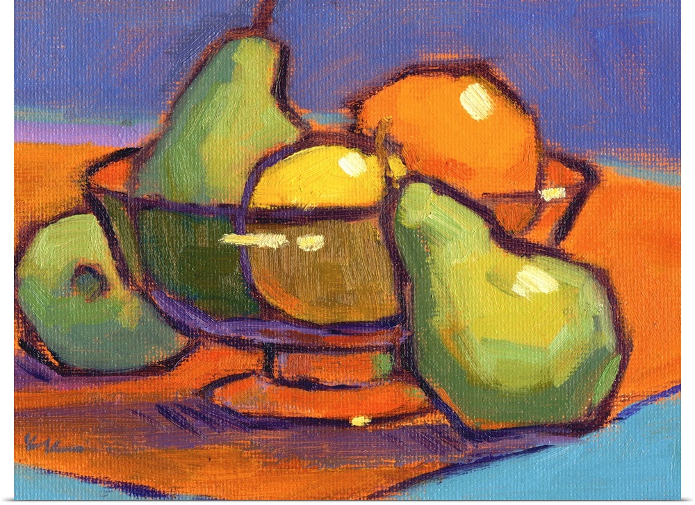 A contemporary abstract painting of a bowl of fruit in vibrant colors.