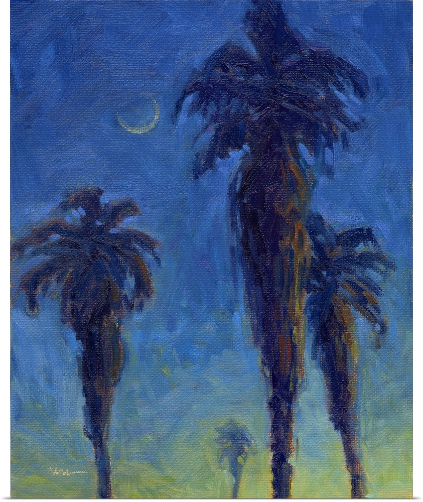 A vertical painting of palm trees in the moonlight.