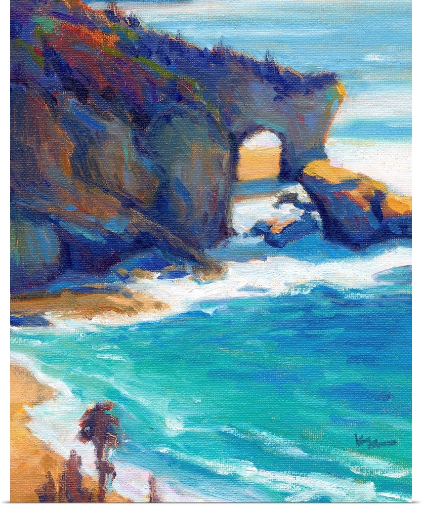 Contemporary painting of a rocky cliff and a beach with vivid blue water.