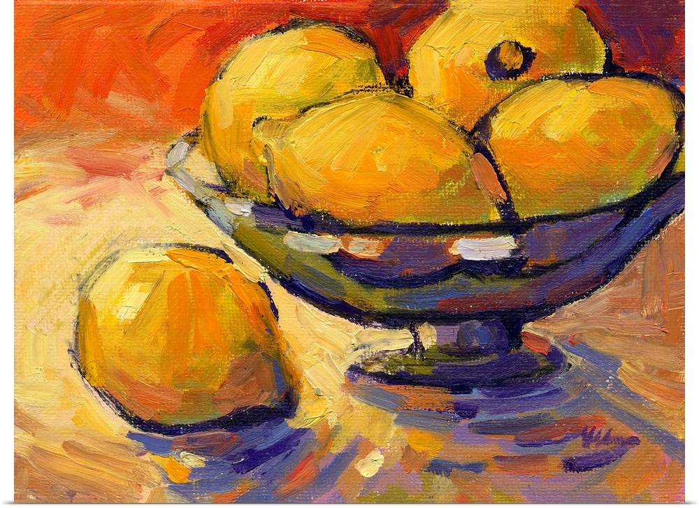 A contemporary abstract painting of a bowl of lemons against a red background.