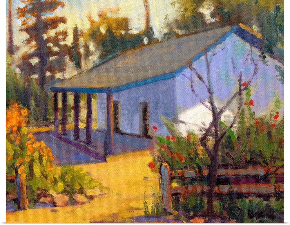 A contemporary painting of a historic house, Montanez Adobe, in San Juan Capistrano, CA.