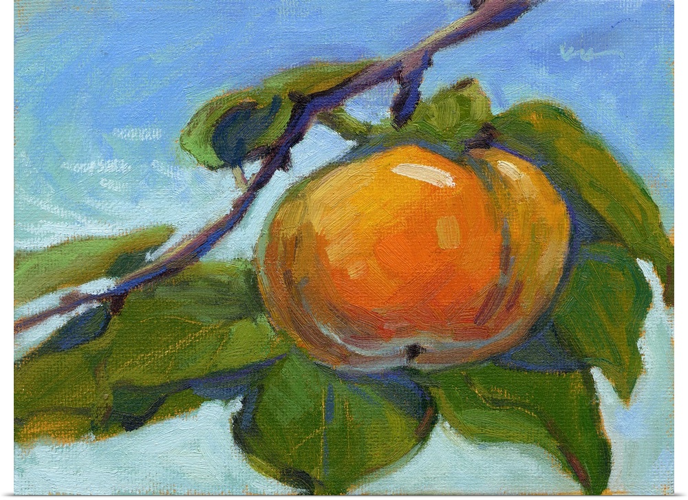 A contemporary painting of a persimmon on a branch.