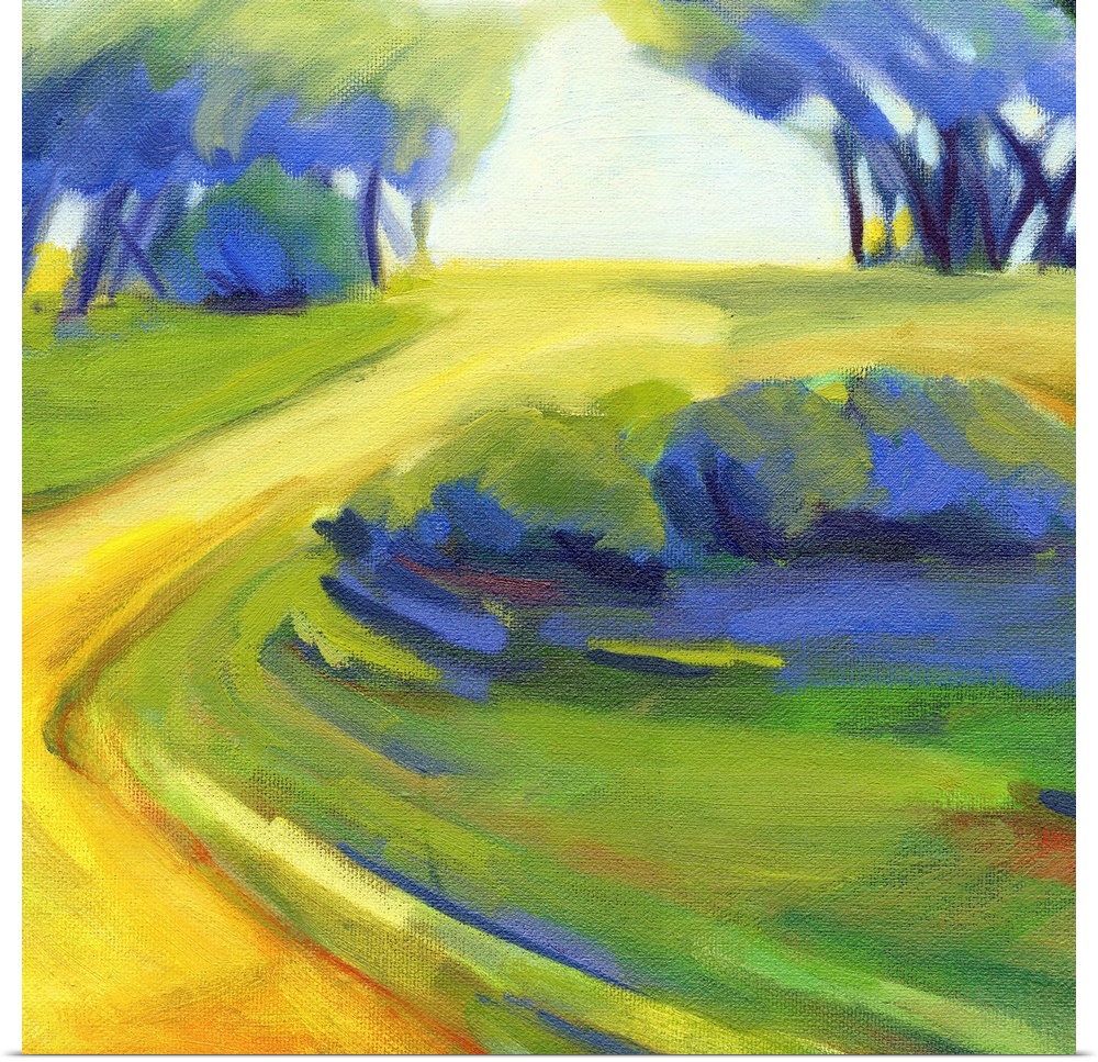 A square painting of a winding road in the countryside.