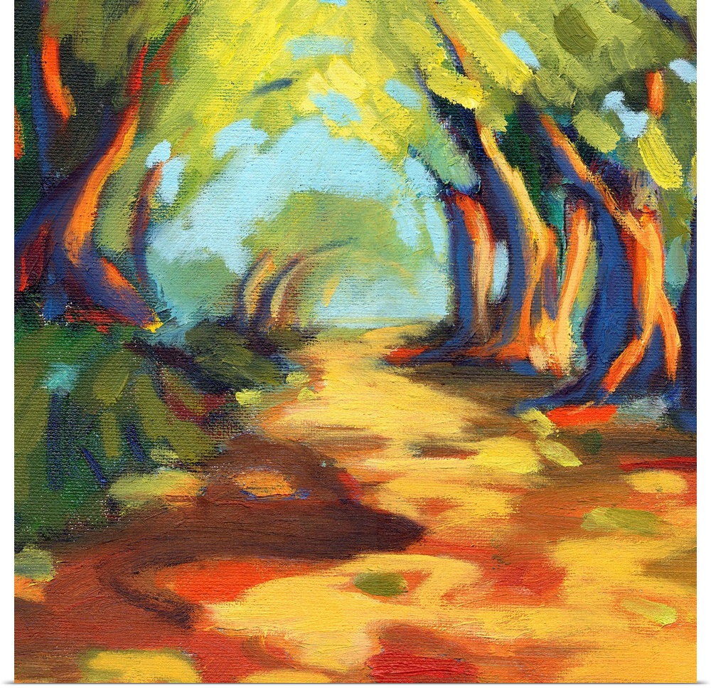A contemporary painting of a rugged road framed by trees.