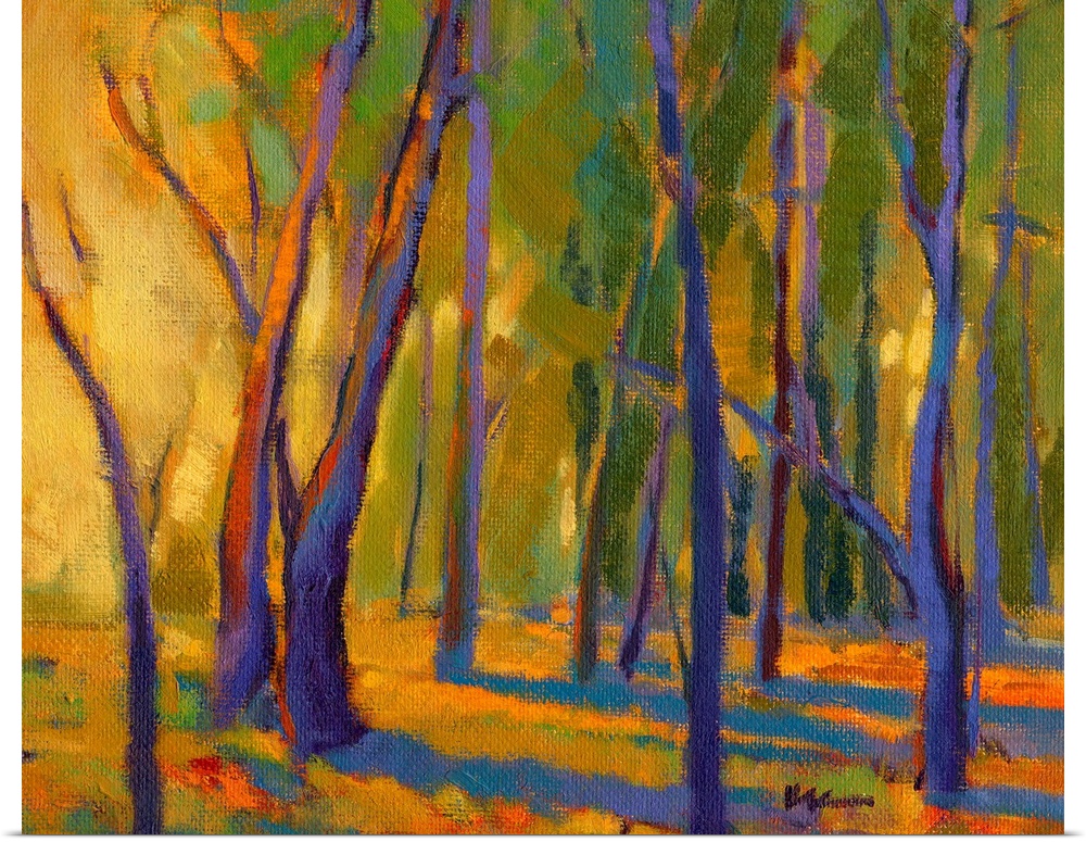 Contemporary painting of trees in a forest with strong golden light shining through at golden hour.