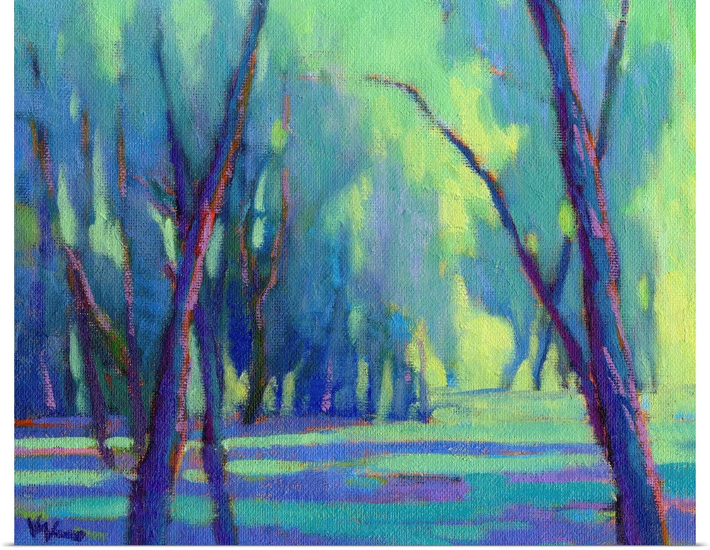 Landscape painting with blue, purple, and green trees in a forest with pink and orange highlights.