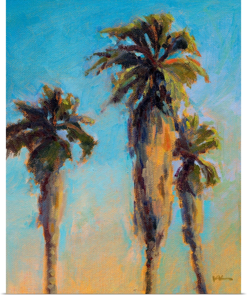 A vertical painting of palm trees.