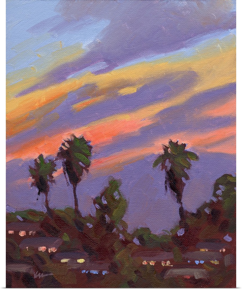 A vertical painting of palm trees with a vibrant sunset.
