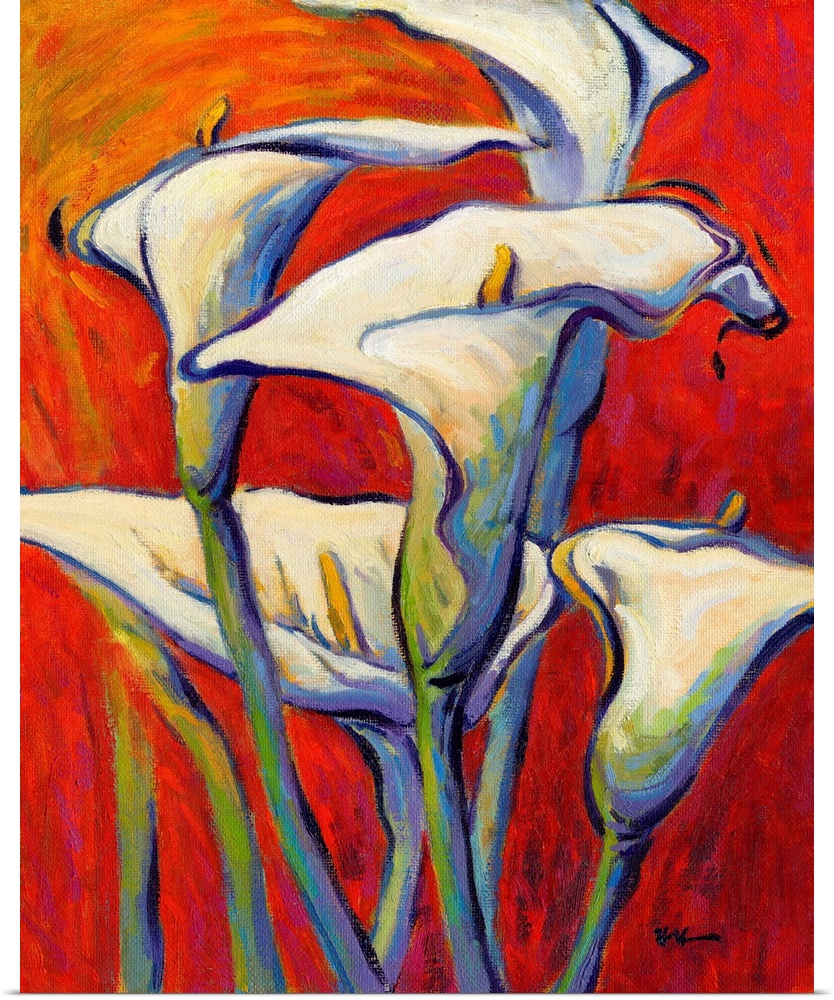 A vertical contemporary painting of a bouquet of white lilies against a red background.