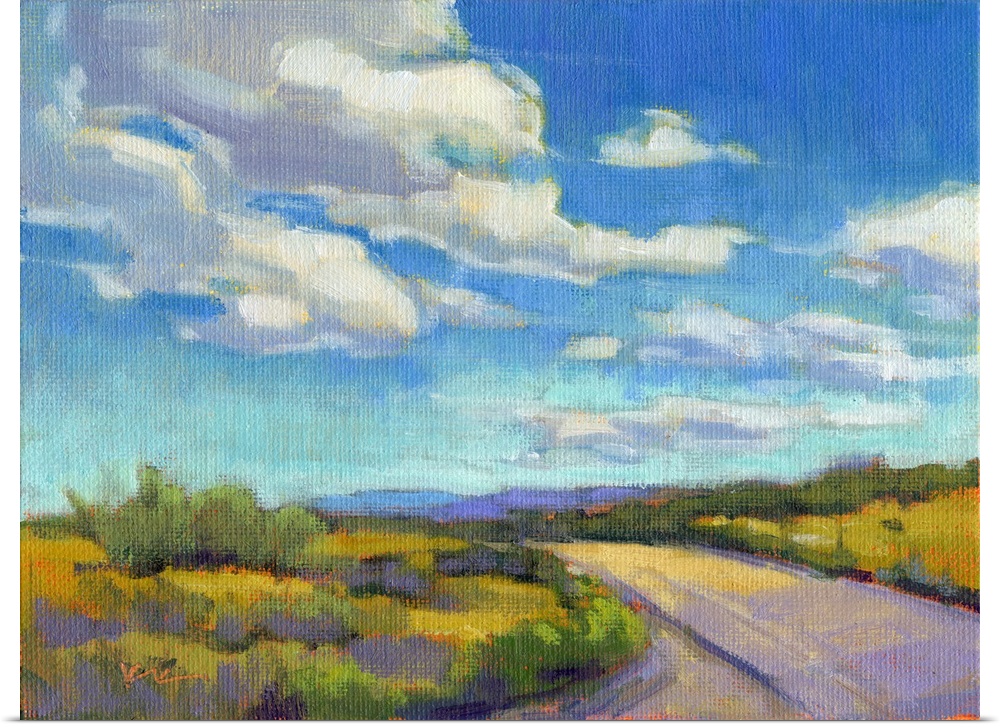 Contemporary landscape painting of a road going through green fields with clouds and a blue sky above.