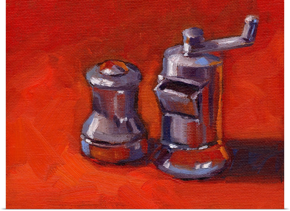 A contemporary still life painting of a salt and pepper grinder.