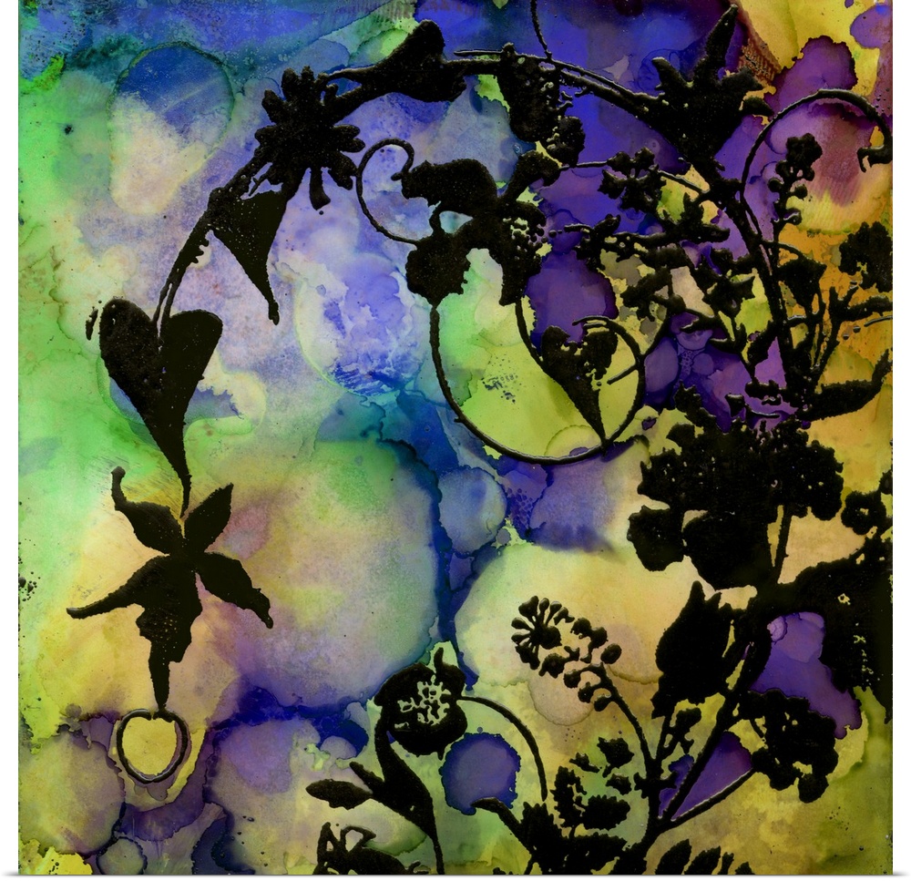 Square painting of flowery vines against a multicolored watercolor background.