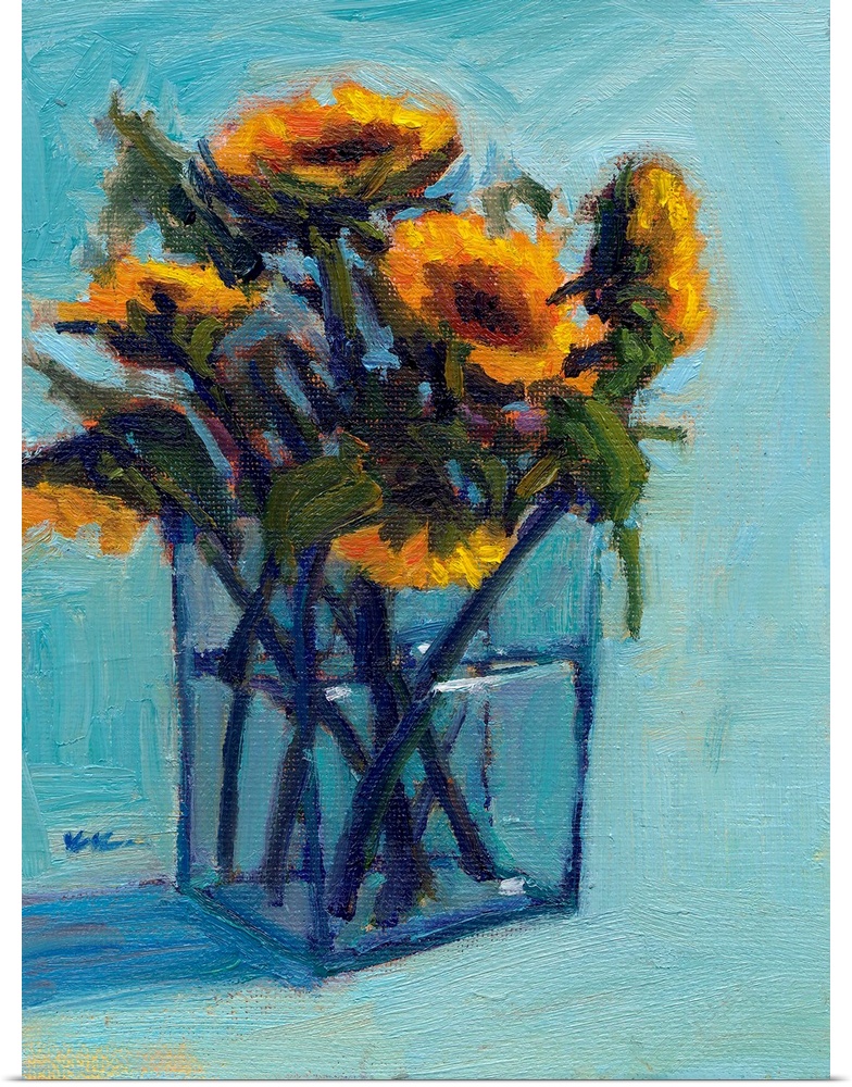 A vertical contemporary painting of a glass vase of eloquent summer flowers.
