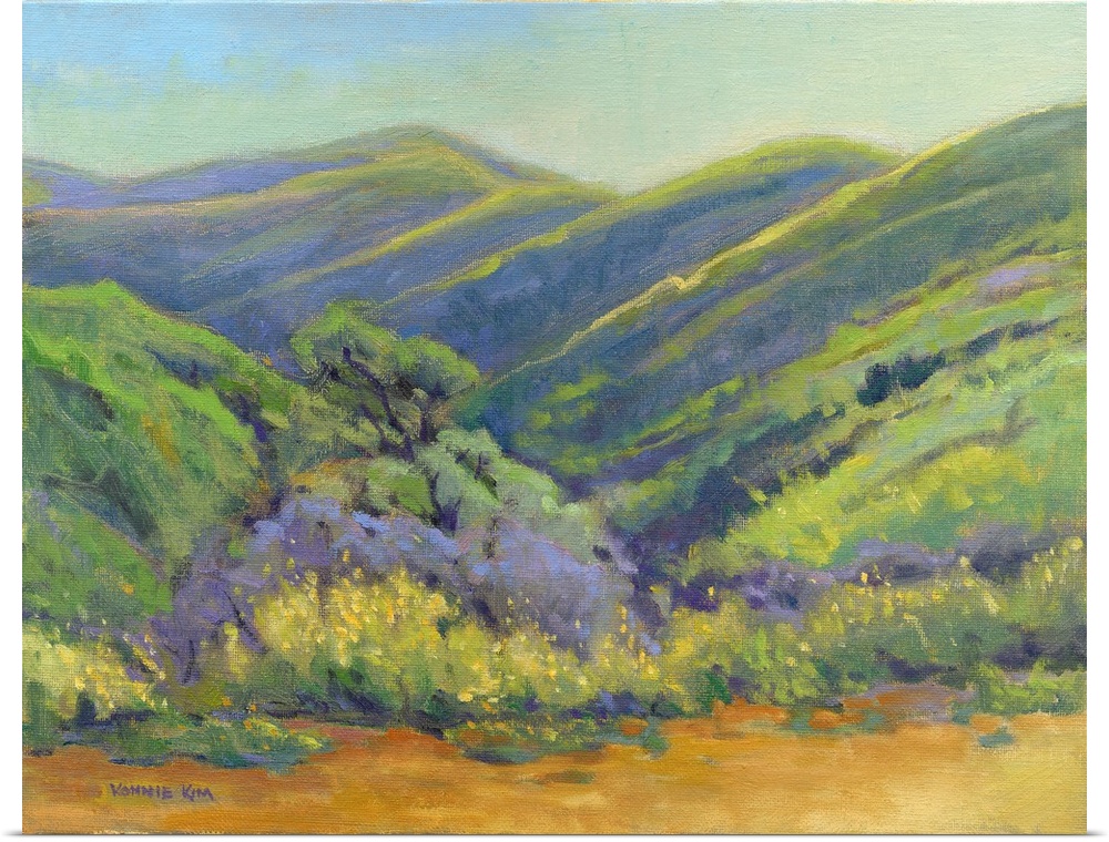 A contemporary painting of a row of trees and rolling hills in vibrant colors.