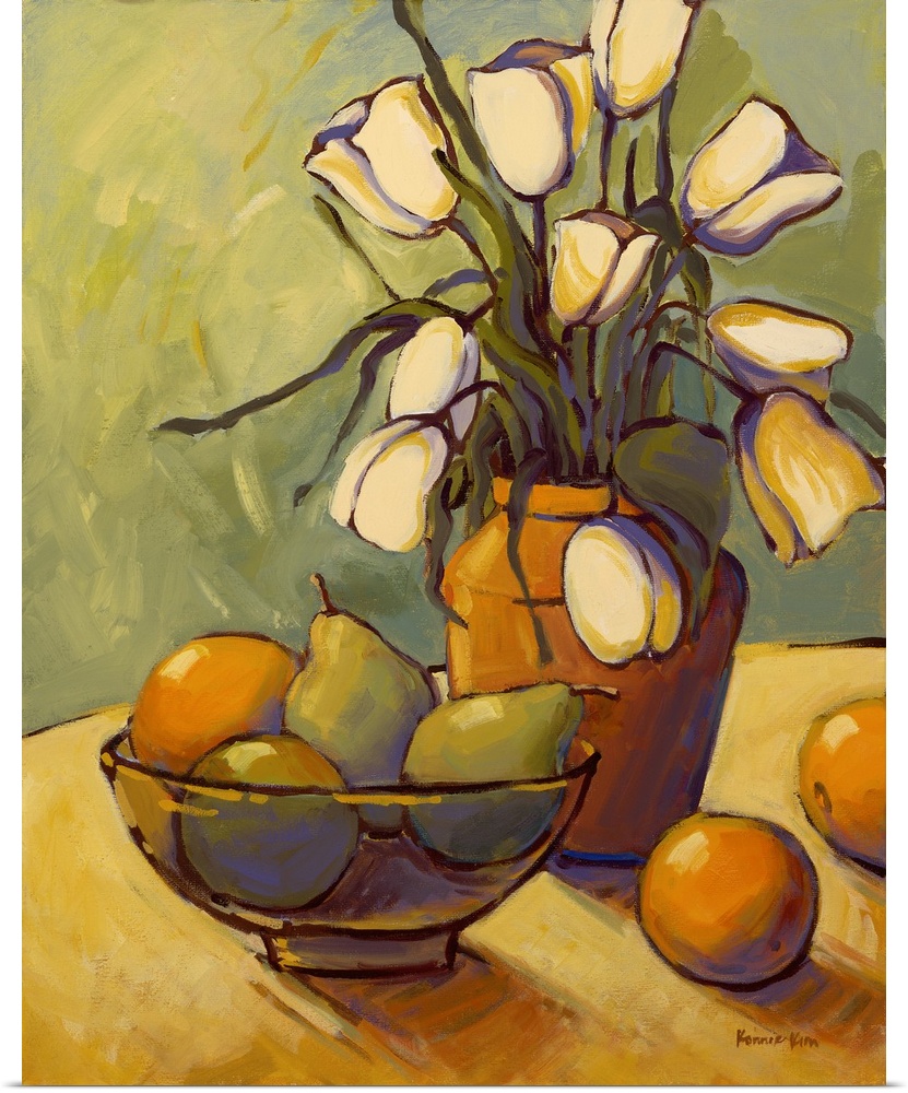 A vertical contemporary painting of a glass vase of eloquent flowers with pears and oranges.