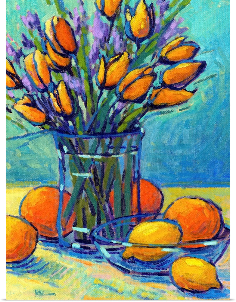 A vertical contemporary painting of a glass vase of tulips with oranges and lemons.