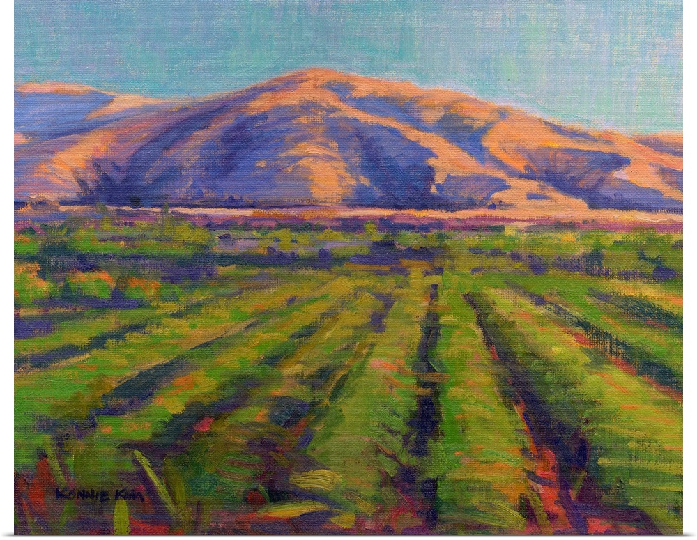A contemporary painting of fields with mountains in the background.