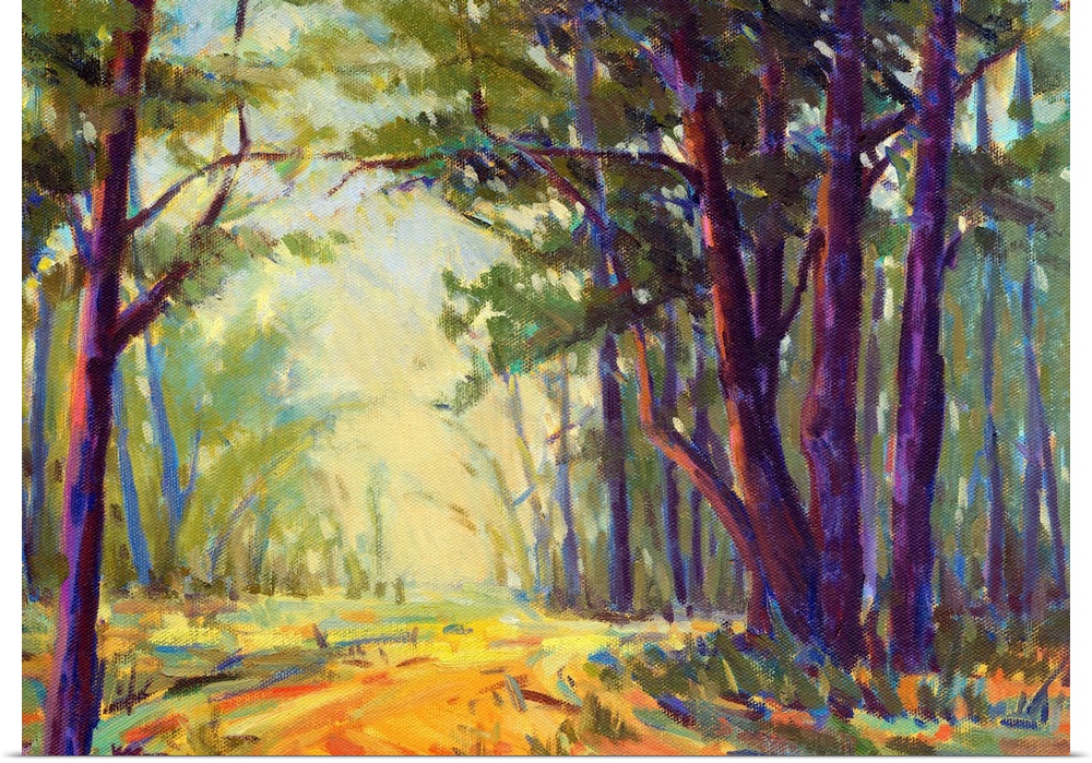 A horizontal contemporary painting of path through a forest.