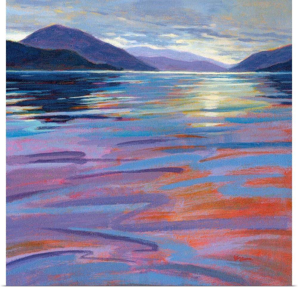 A square contemporary painting in colorful brush strokes of waves in the water by sunrise.