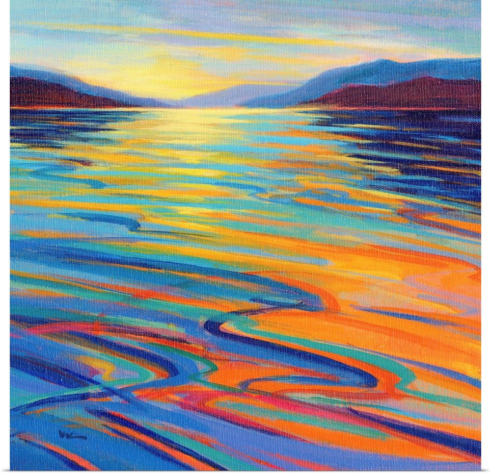 A square contemporary painting in colorful brush strokes of waves in the water by sunset.