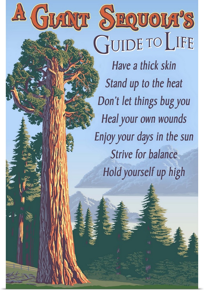 Retro stylized art poster of a giant sequoia tree.