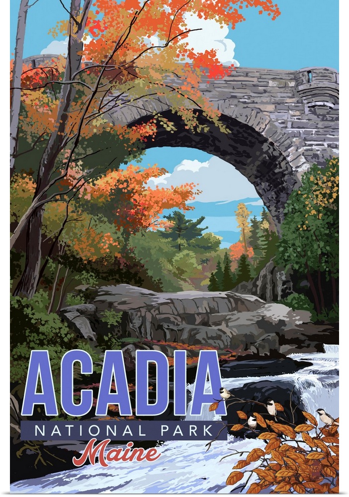 Acadia National Park, Duck Brook Bridge: Retro Travel Poster