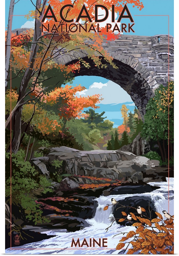 Acadia National Park, Maine - Stone Bridge: Retro Travel Poster