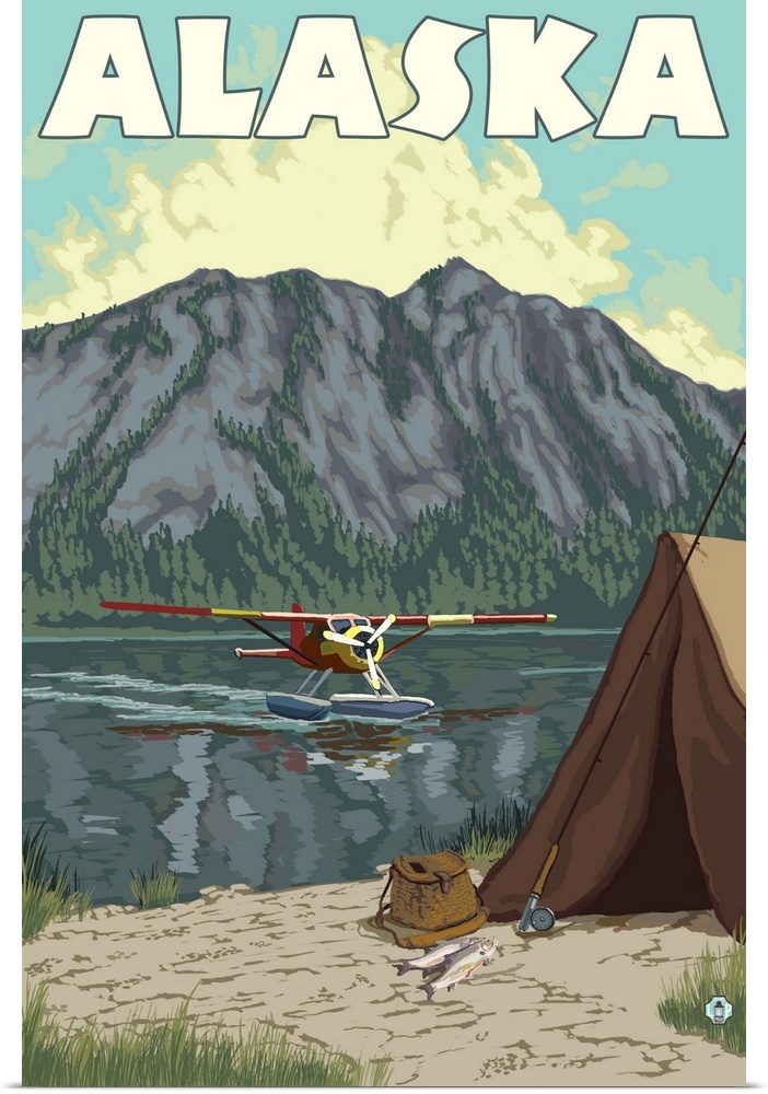 Alaska - Bush Plane and Fishing: Retro Travel Poster