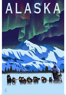 Alaska - Northern Lights & Dog Sled - Lithograph
