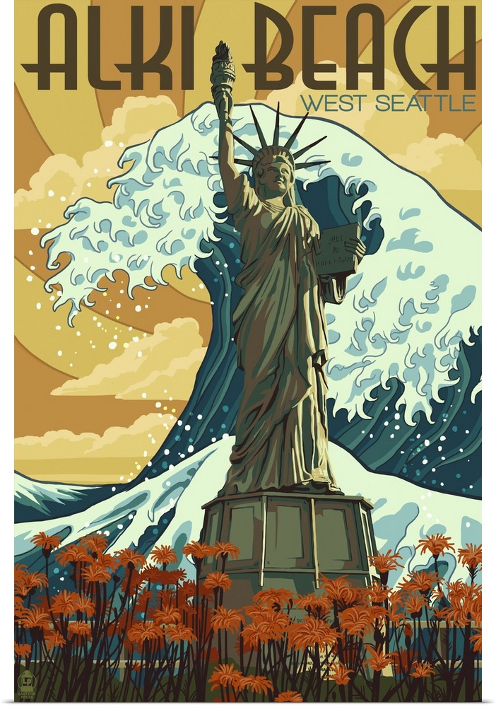 Alki Beach, West Seattle, WA - Lady Liberty Statue: Retro Travel Poster