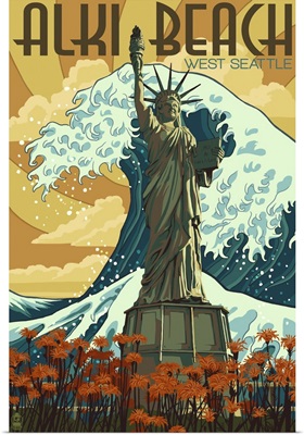 Alki Beach, West Seattle, WA - Lady Liberty Statue: Retro Travel Poster