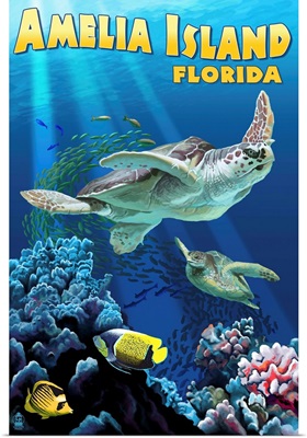 Amelia Island, Florida - Sea Turtle Swimming: Retro Travel Poster