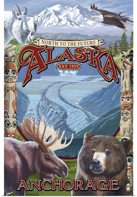 Anchorage, Alaska - North to the Future Montage: Retro Travel Poster