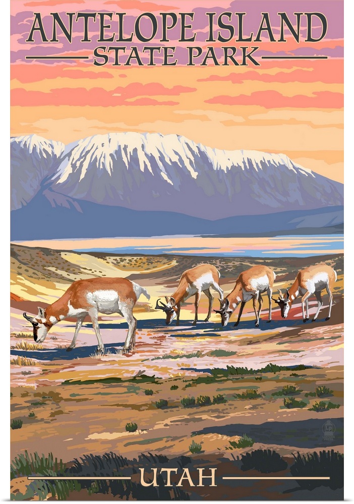Antelope Island State Park, Utah - Antelope Scene: Retro Travel Poster