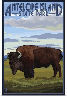 Antelope Island State Park, Utah - Bison and Field: Retro Travel Poster