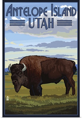 Antelope Island, Utah - Bison Scene: Retro Travel Poster