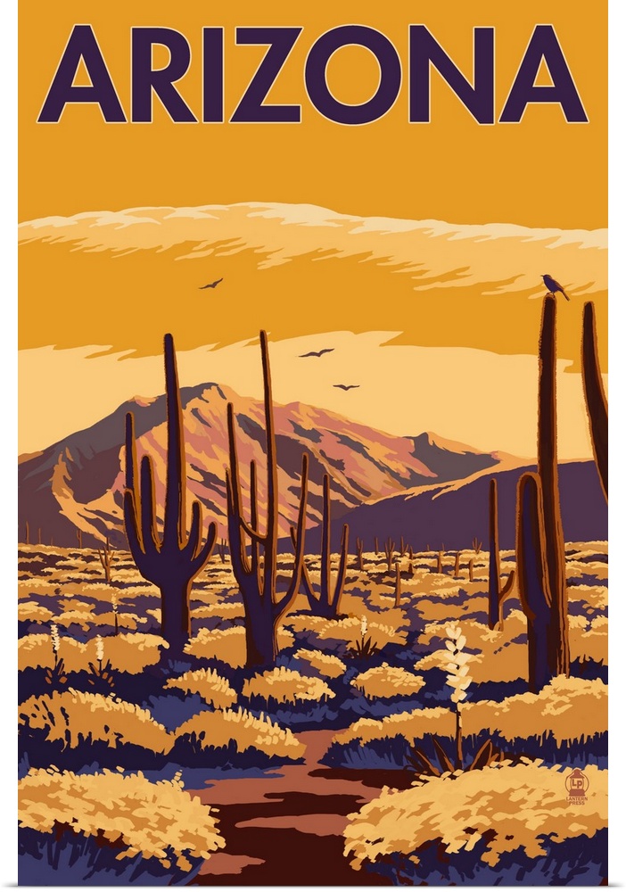 Arizona Desert Scene with Cactus: Retro Travel Poster