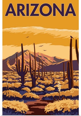 Arizona Desert Scene with Cactus: Retro Travel Poster