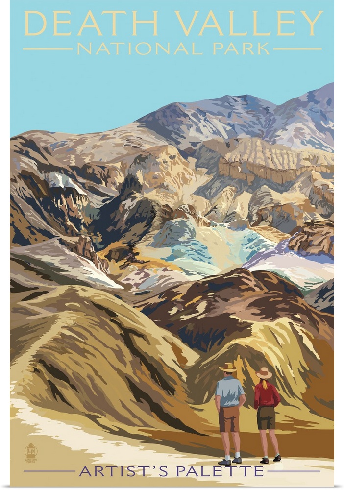 Retro stylized art poster of a couple gazing out over a desert valley.